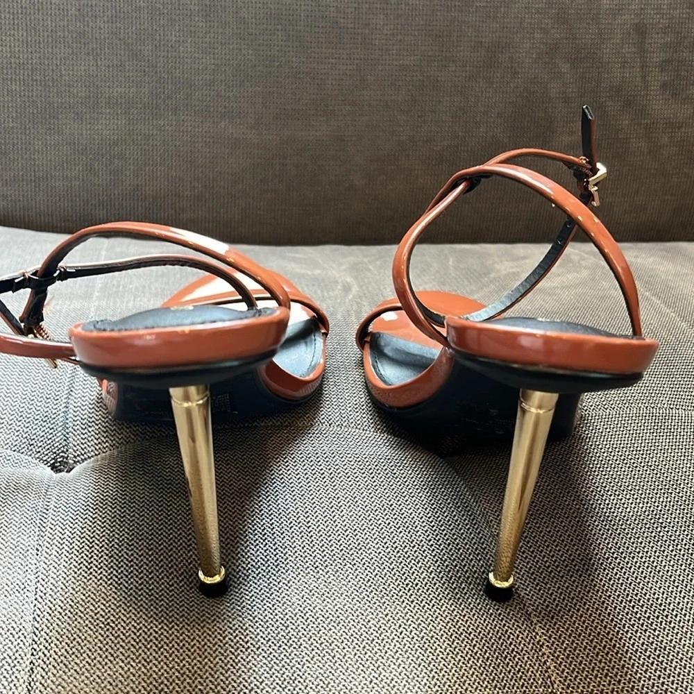 🎭 🥑Express Strappy Stiletto Heels Sandals Size 8 | Burnt Orange Gold